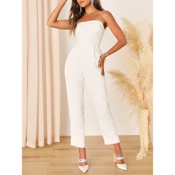 Lulus Beloved Bliss Ivory Strapless Slim Leg Bow Jumpsuit Sz Medium Womens White - Picture 2 of 15